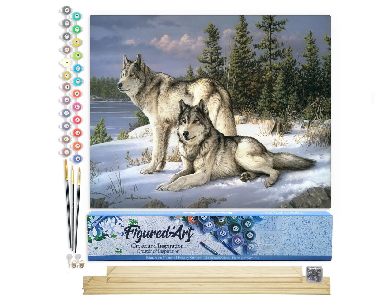 Figured'Art Paint by Numbers Kit for Adults Wolves Couple 16"x20" - Craft Art Painting Rolled Canvas with DIY wooden frame